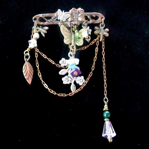 Vintage coppery metal chatelaine style brooch chains, butterflies & beads - Picture 1 of 8